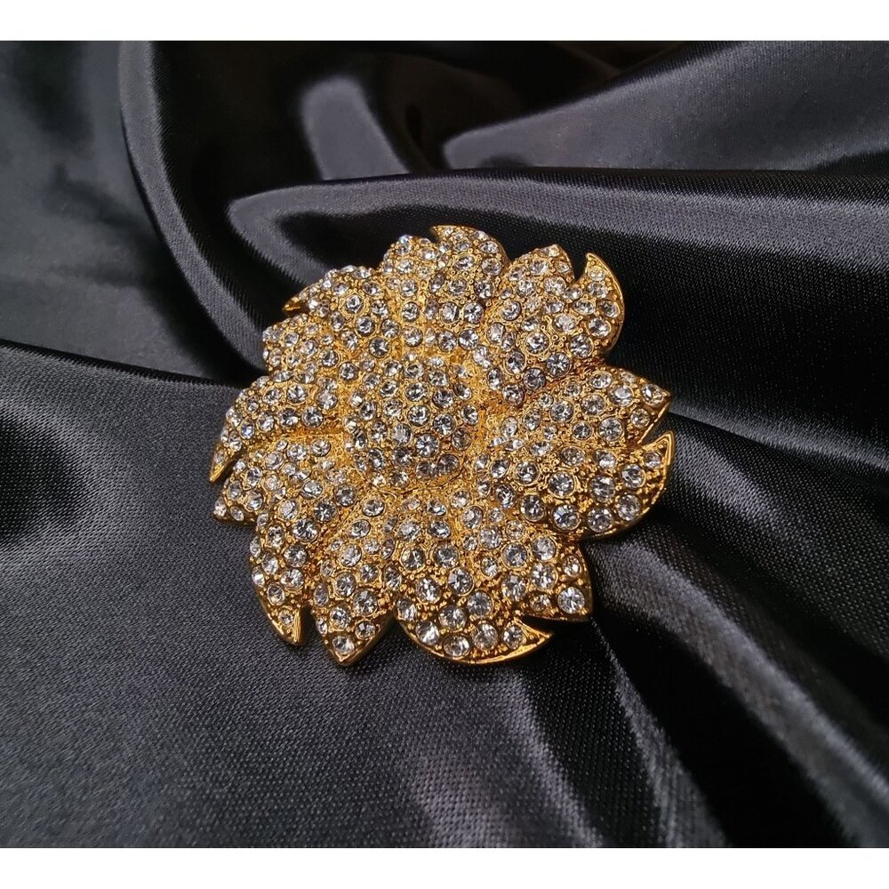 Vintage JBK Signed Gold-Tone Crystal Flower Floral Brooch